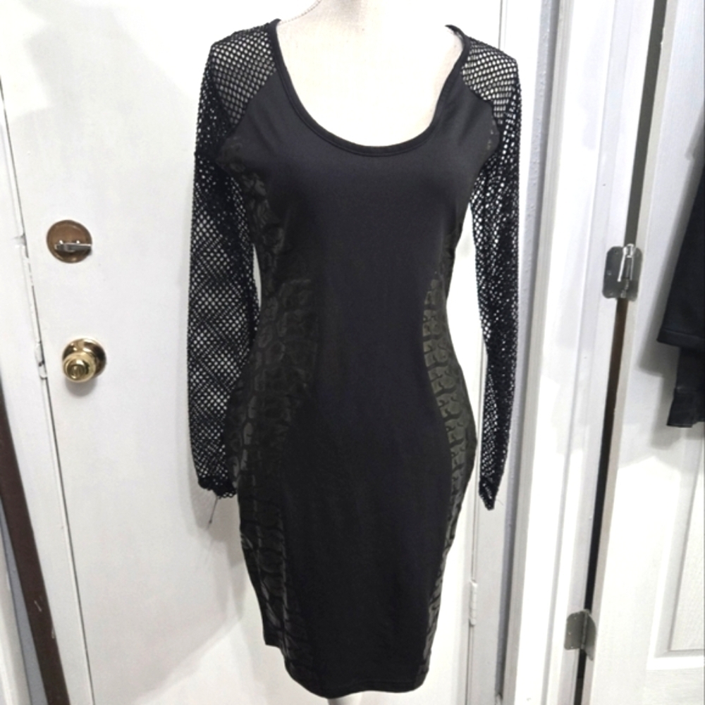 Nicki Minaj Black Mesh Sleeve Dress Bodycon Side Print Detail Sz Large